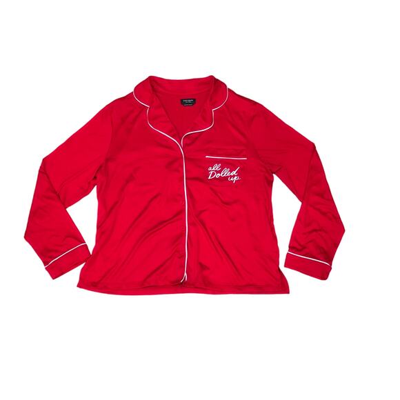 Kate Spade Red " All Dolled Up " Front Pocket Long Sleeve Soft Pajama Shirt Top - Picture 3 of 8